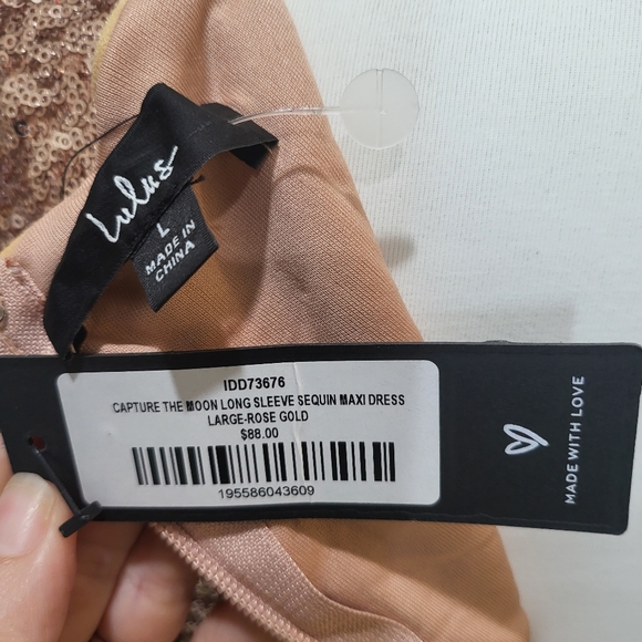 Lulus Capture the Moon Rose Gold Long Sleeve Sequin Maxi Dress Gown Sz Large NWT - Picture 4 of 4